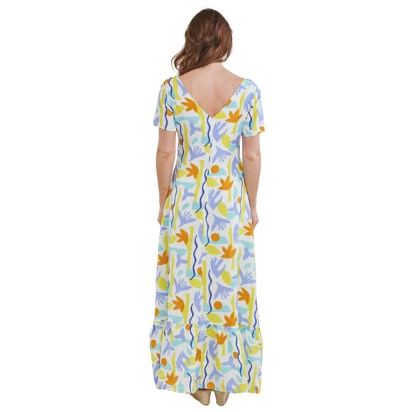 Molly Bracken Printed Maxi Dress V-Neck Ruffle White Size Medium Lili Sidonio - Picture 3 of 15